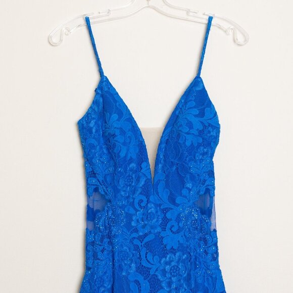 La Femme Prom Maxi Dress 28355 Mermaid Lace Rhinestone Blue - Picture 3 of 15